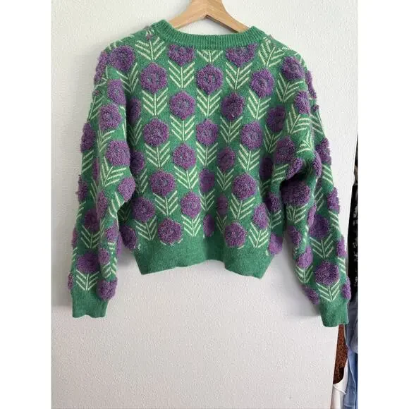 Green Purple Floral Knit Pullover Cottagecore Women's Sweater S/M - Picture 4 of 10